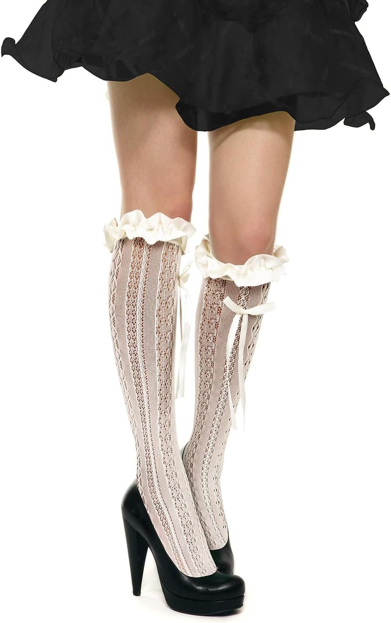 Benefeet Sox Womens Fishnet Knee High Socks White Black Lace Mesh Sexy Stockings Hollow Out Sheer Tube Calf Sock - Image 4